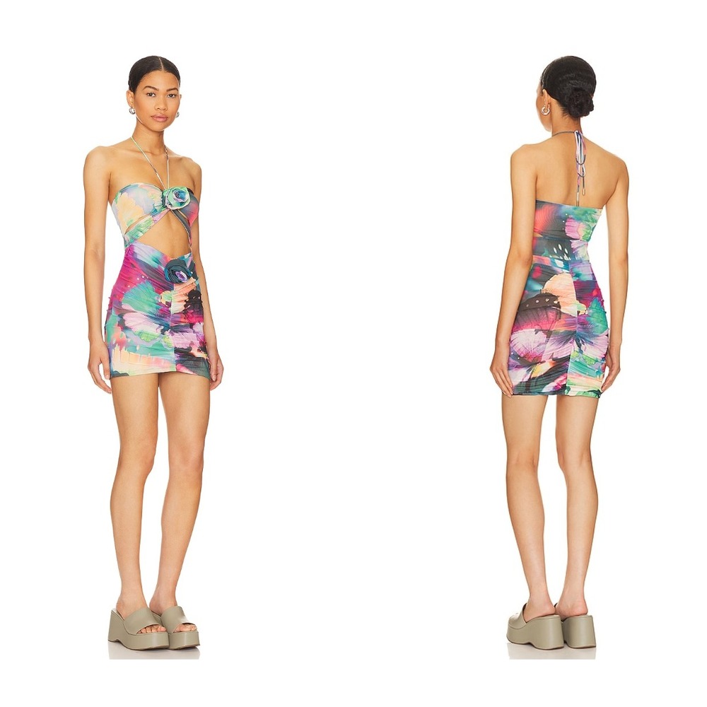 AFRM x Revolve Beckett Mini Dress in Abstract Butterfly Multicolor Mesh Small